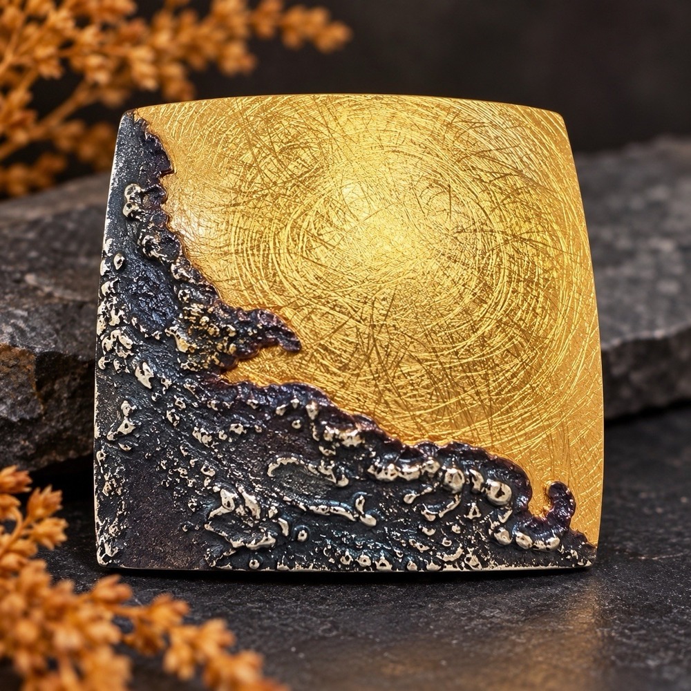 Korczynski Gallery 925 Sterling Silver Gold Plated Brutalist Modernist Brooch